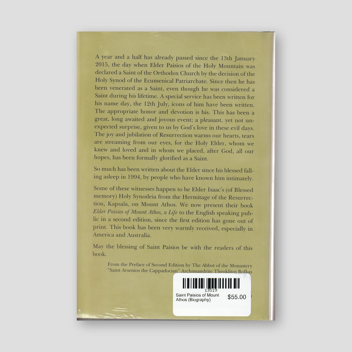 Saint Paisios of Mount Athos (Biography) — back cover