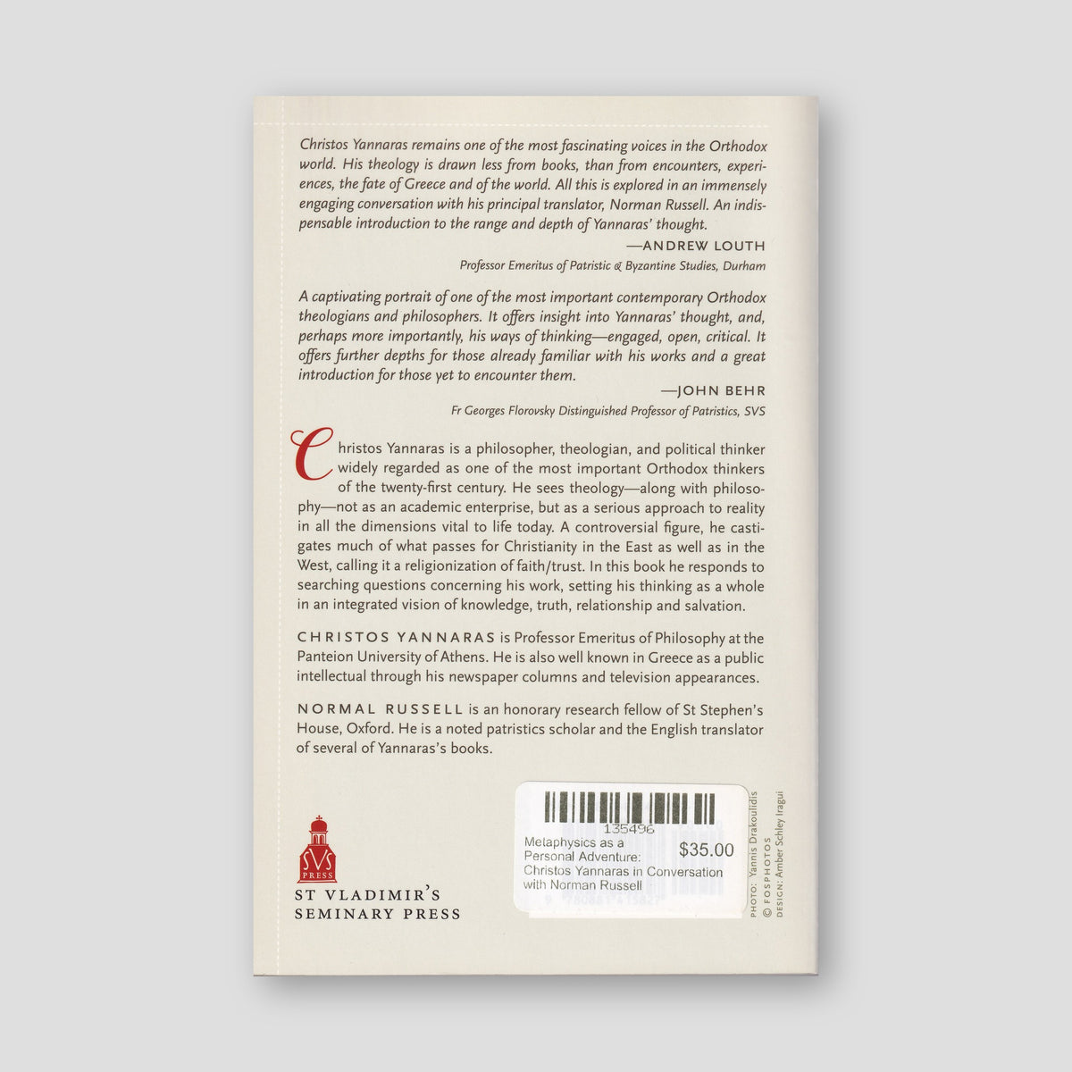 Metaphysics as a Personal Adventure: Christos Yannaras in Conversation with Norman Russell — back cover