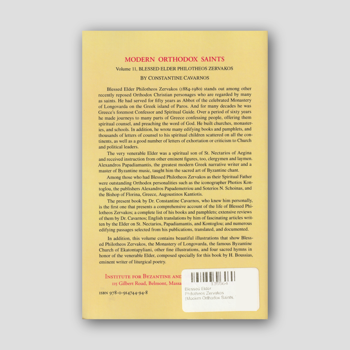 Blessed Elder Philotheos Zervakos (Modern Orthodox Saints, Vol 11) — back cover