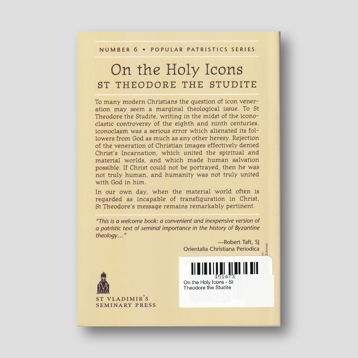 On the Holy Icons - St Theodore the Studite — back cover