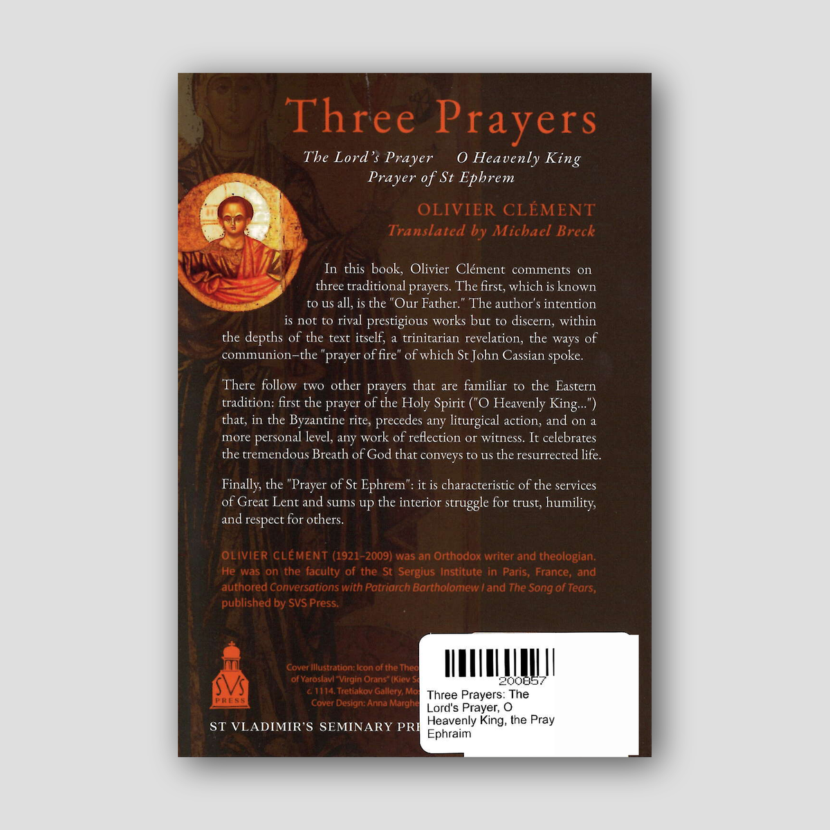 Three Prayers: The Lord's Prayer, O Heavenly King, the Prayer of St Ephraim — back cover